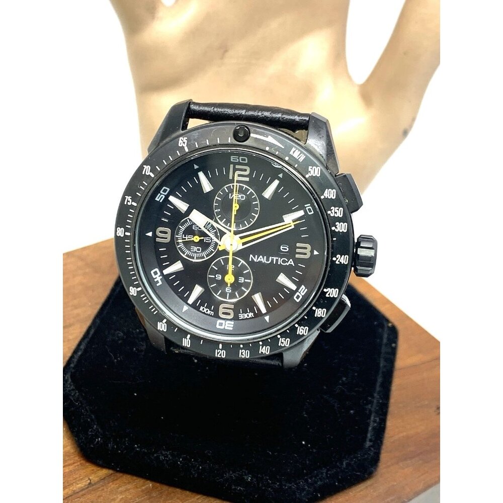 Nautica Men's Watch N18599G Quartz Chronograph Black Dial Leather Band 48mm